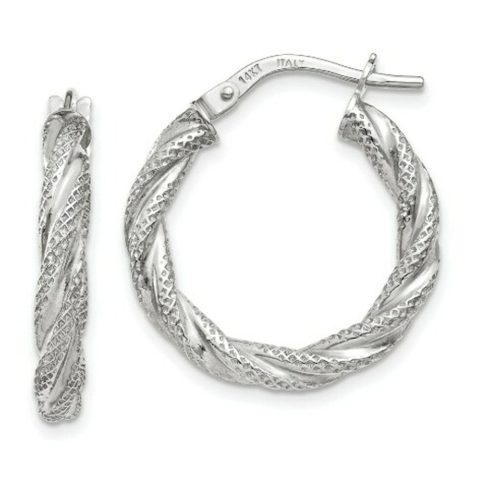 14K White Gold Twisted Textured Hoop Earrings  3mm width