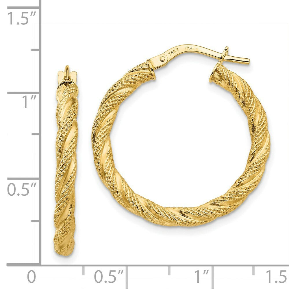 14K Yellow Gold Twisted Textured Hoop Earrings 32mm length