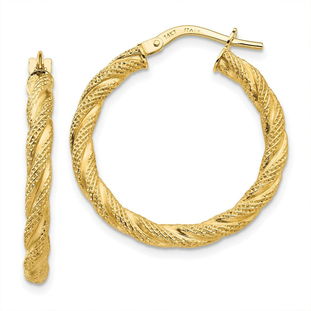 14K Yellow Gold Twisted Textured Hoop Earrings 32mm length