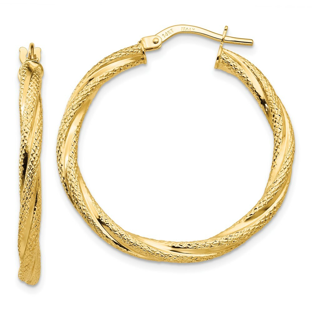 14K Yellow Gold Twisted Textured Hoop Earrings 31mm length