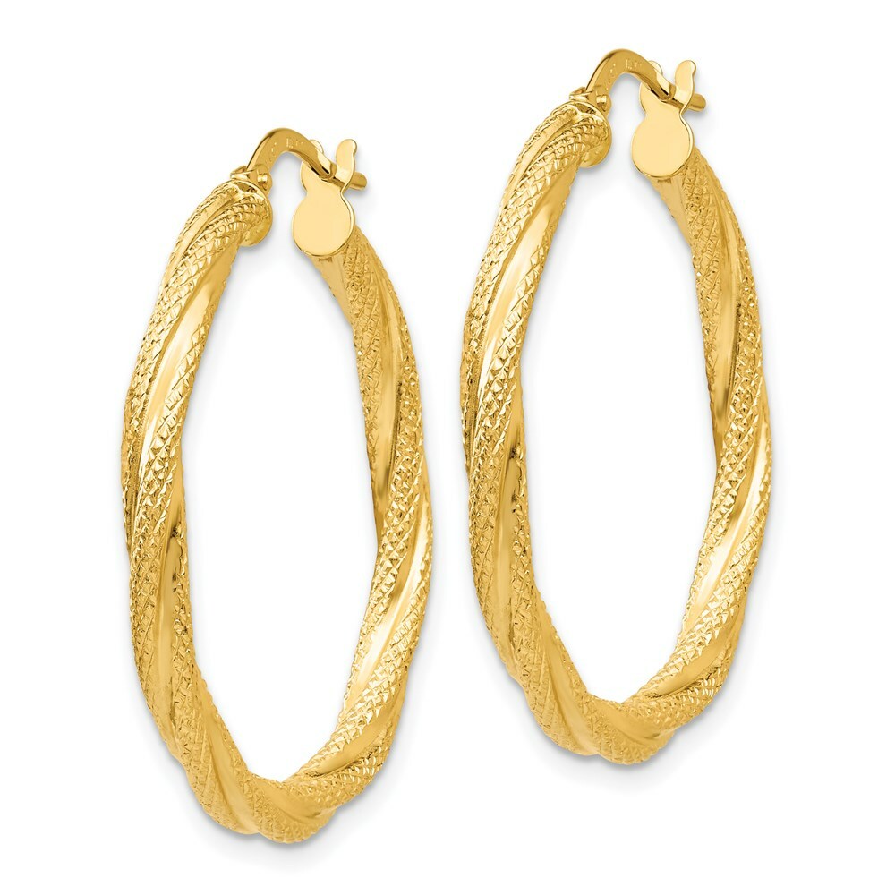 14K Yellow Gold Twisted Textured Hoop Earrings 31mm length