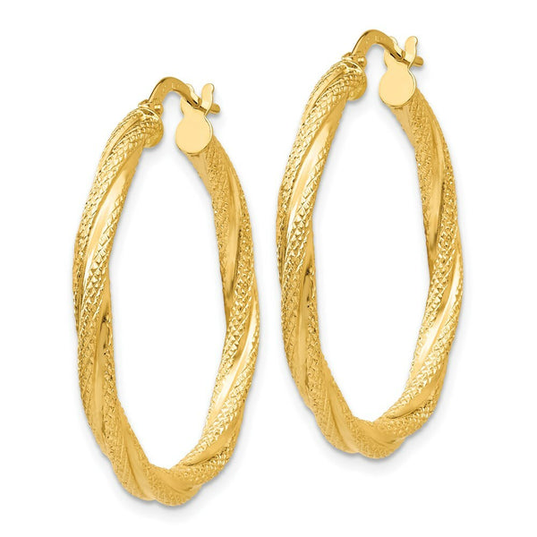 14K Yellow Gold Twisted Textured Hoop Earrings 31mm length