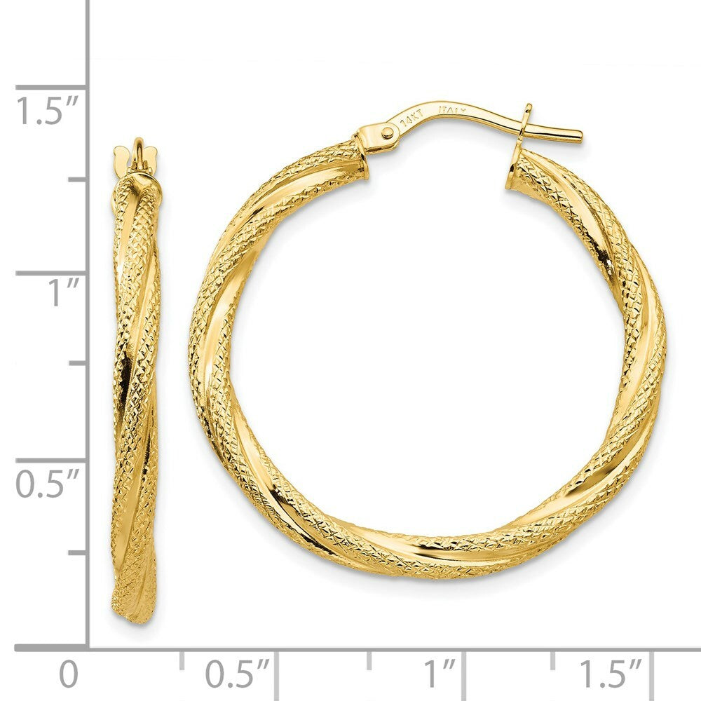 14K Yellow Gold Twisted Textured Hoop Earrings 31mm length