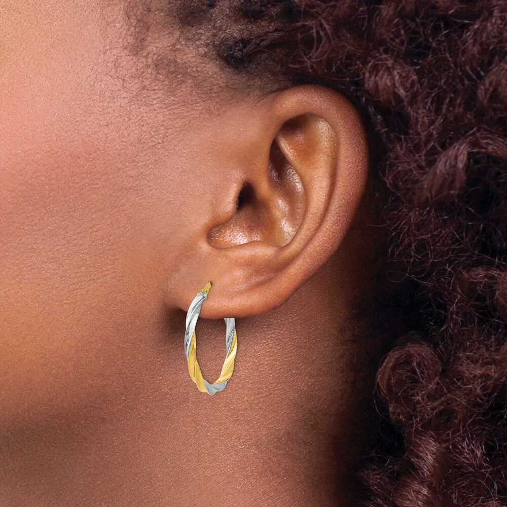 14K Yellow Gold & Rhodium Twisted Hoop Earrings  2.5mm width