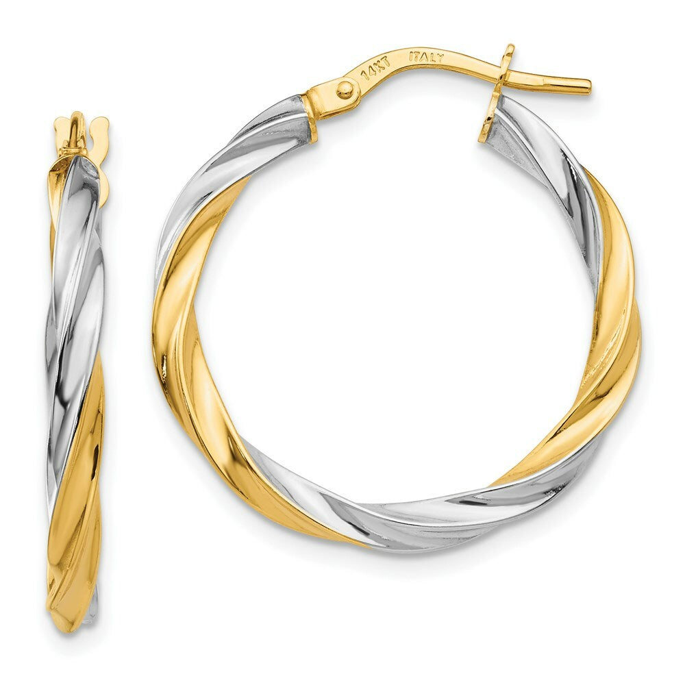 14K Yellow Gold & Rhodium Twisted Hoop Earrings  2.5mm width