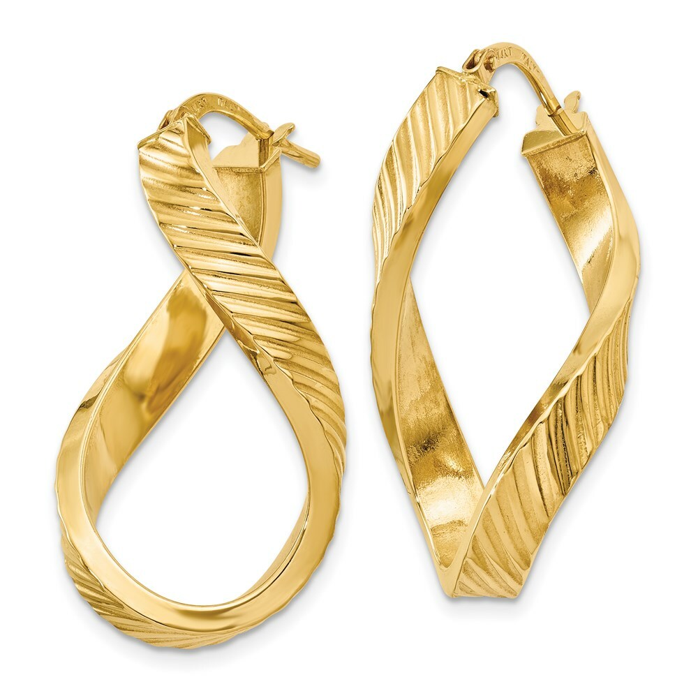 14K Yellow Gold Twisted Textured Oval Hoop Earrings 38mm length