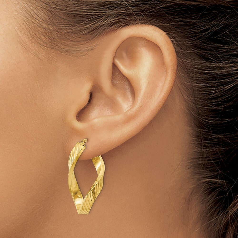 14K Yellow Gold Twisted Textured Oval Hoop Earrings 38mm length