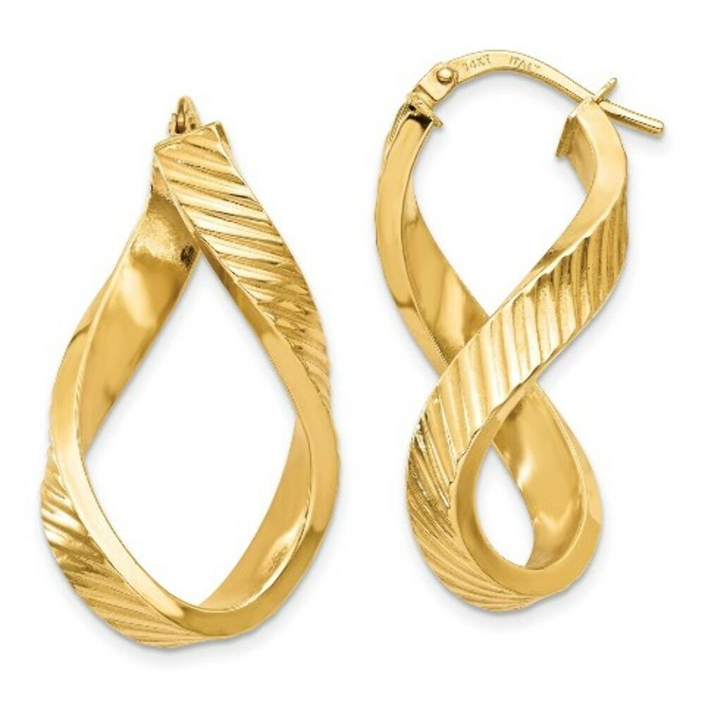 14K Yellow Gold Twisted Textured Oval Hoop Earrings 38mm length