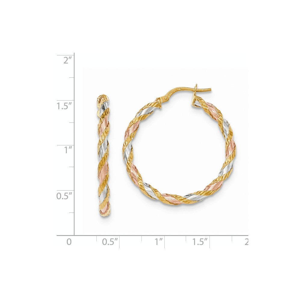 14K Yellow Gold with White & Rose Rhodium Textured Twisted Hoop Earrings 33mm length