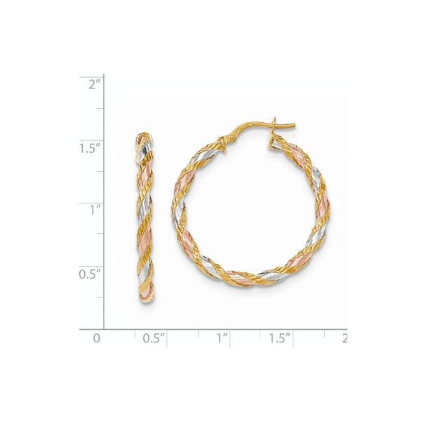 14K Yellow Gold with White & Rose Rhodium Textured Twisted Hoop Earrings 33mm length