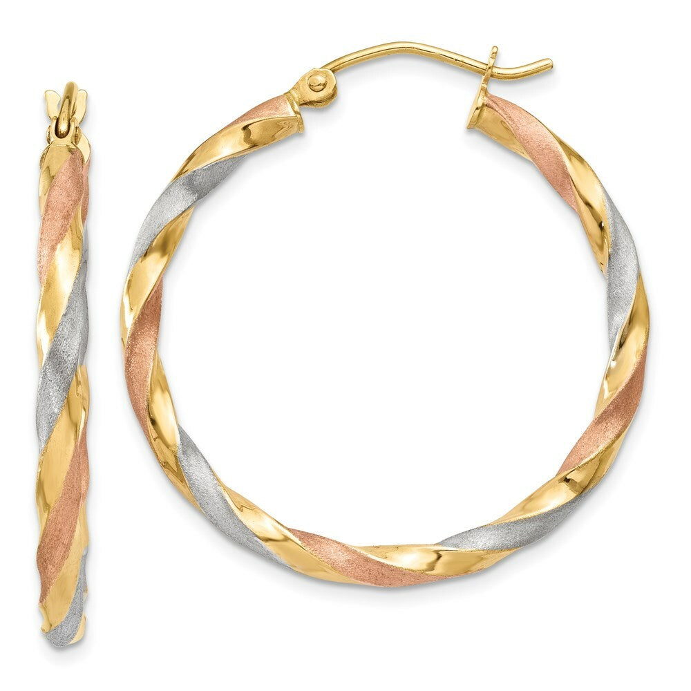 14K White & Rose Rhodium Satin Twisted Hoop Earrings  3mm width
