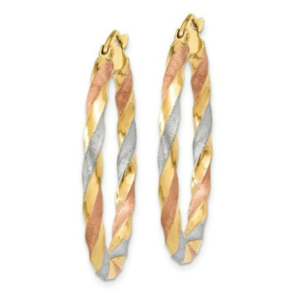 14K White & Rose Rhodium Satin Twisted Hoop Earrings  3mm width