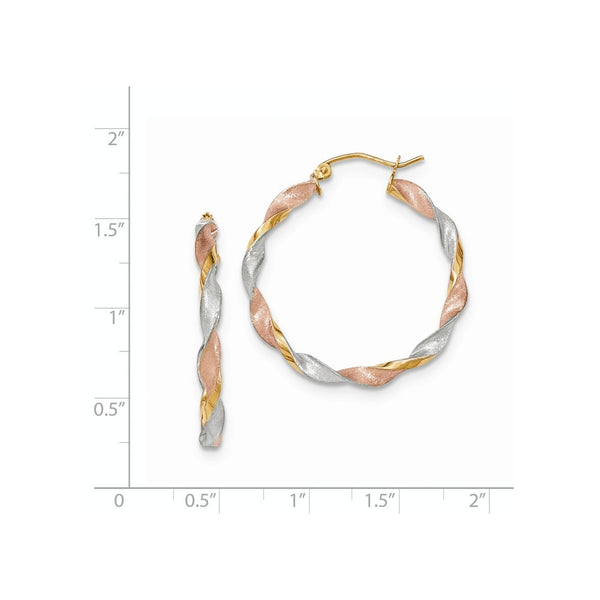 14K Tri-Color Gold Satin Twisted Hoop Earrings  4mm width