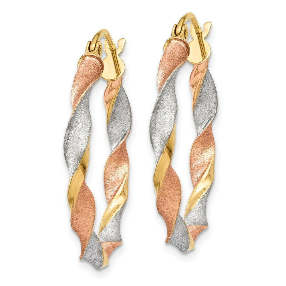 14K Tri-Color Gold Satin Twisted Hoop Earrings  4mm width