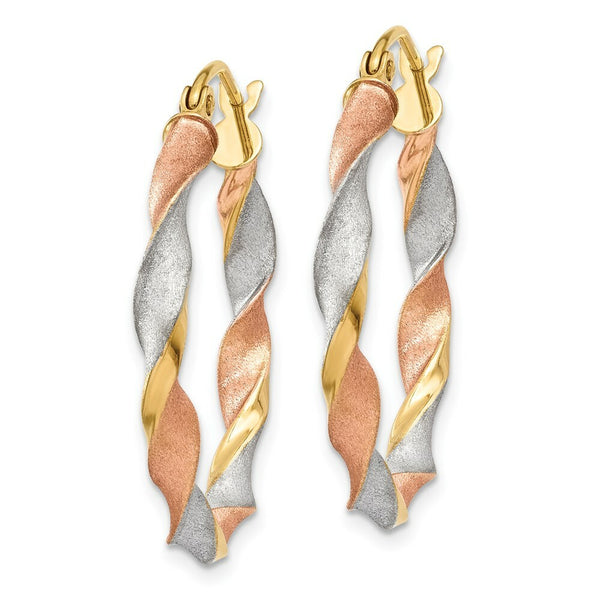 14K Tri-Color Gold Satin Twisted Hoop Earrings  4mm width