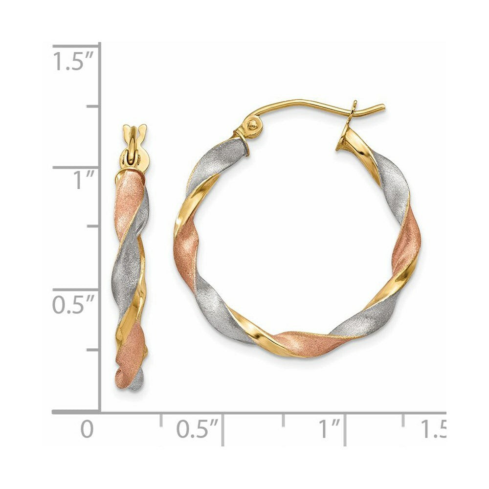 14K Tri-Color Gold Satin Twisted Hoop Earrings  4mm width