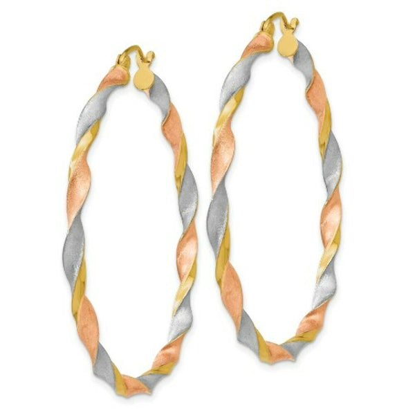 14K Tri-Color Gold Satin Twisted Hoop Earrings  3mm width