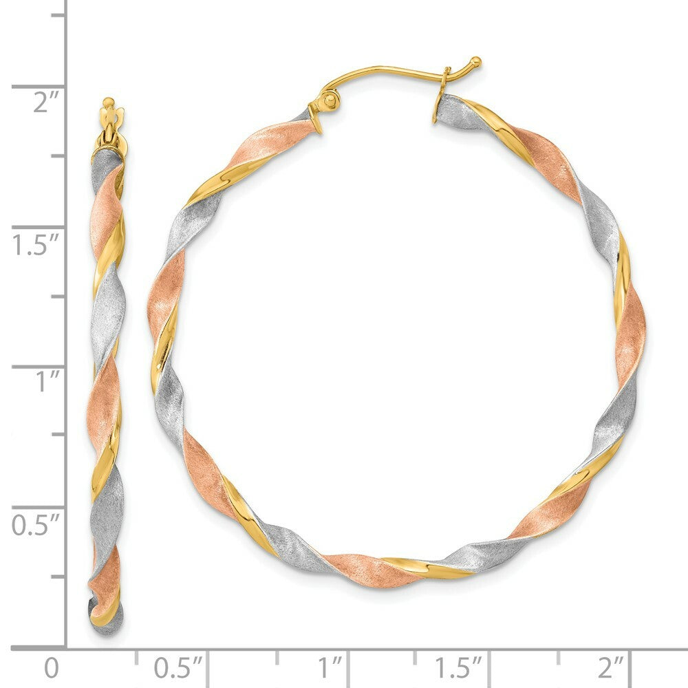 14K Tri-Color Gold Satin Twisted Hoop Earrings  3mm width