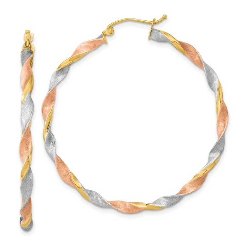 14K Tri-Color Gold Satin Twisted Hoop Earrings  3mm width