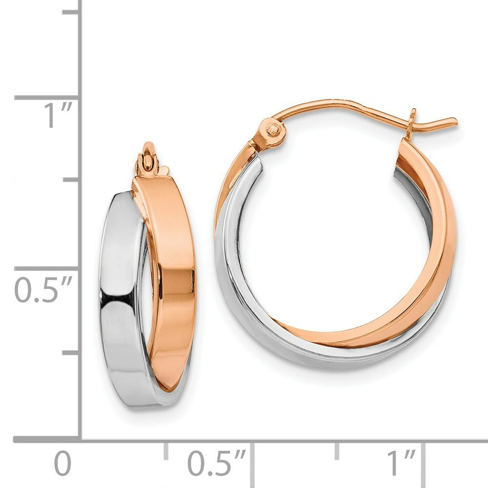 14K Rose Gold and White Gold Polished Oval Hoop Earrings  3mm width