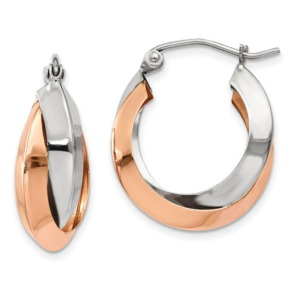 14K Rose Gold and White Gold Polished Oval Hoop Earrings  4mm width