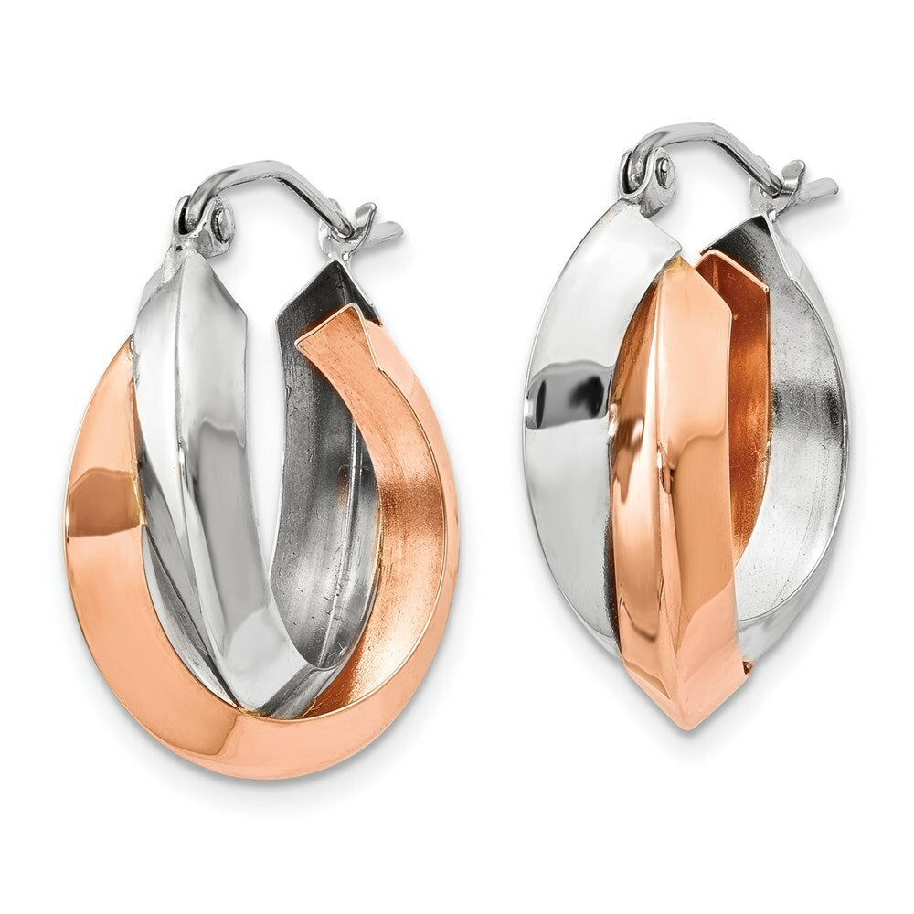 14K Rose Gold and White Gold Polished Oval Hoop Earrings  4mm width