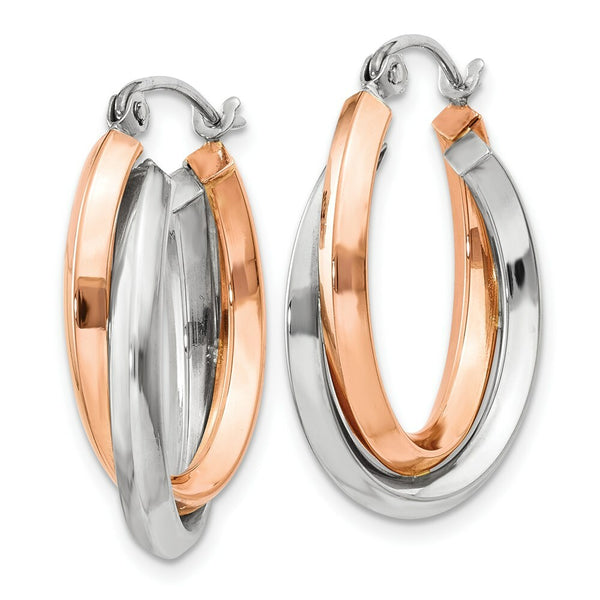 14K Rose Gold and White Gold Polished Oval Tube Hoop Earrings  3mm width