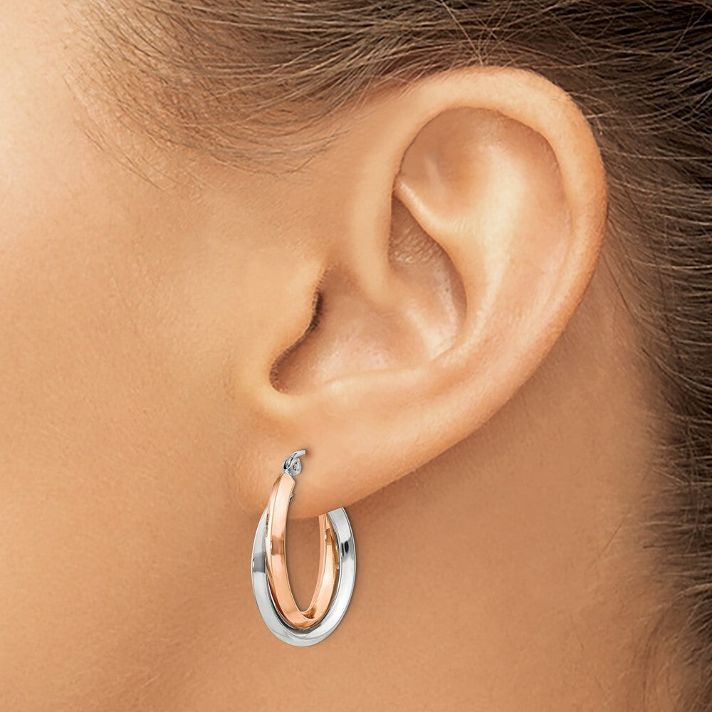 14K Rose Gold and White Gold Polished Oval Tube Hoop Earrings  3mm width