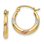 Load image into Gallery viewer, 14K Yellow Gold &amp; White &amp; Rose Rhodium Polished &amp; Textured Hoop Earrings  2mm width
