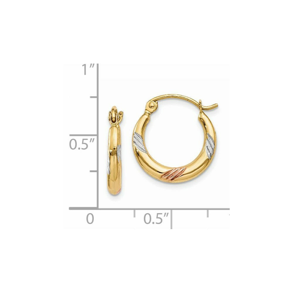 14K Yellow Gold & White & Rose Rhodium Polished & Textured Hoop Earrings  2mm width