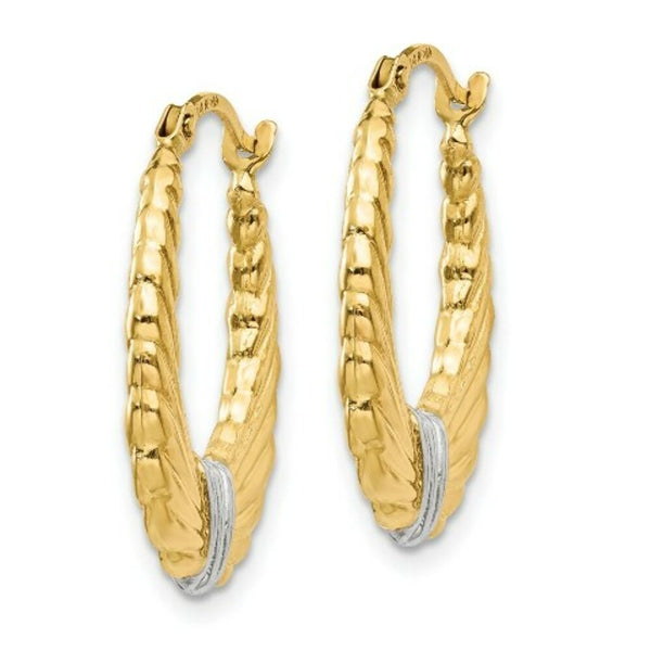 14K Yellow Gold & Rhodium Polished and Textured Hoop Earrings  2mm width