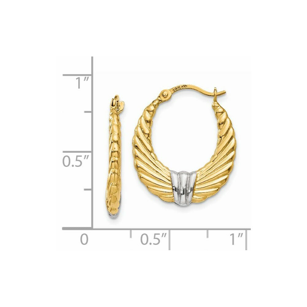 14K Yellow Gold & Rhodium Polished and Textured Hoop Earrings  2mm width