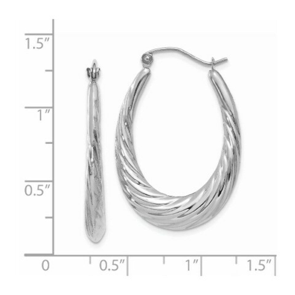 14K White Gold Polished and Textured Oval Hoop Earrings  4mm width