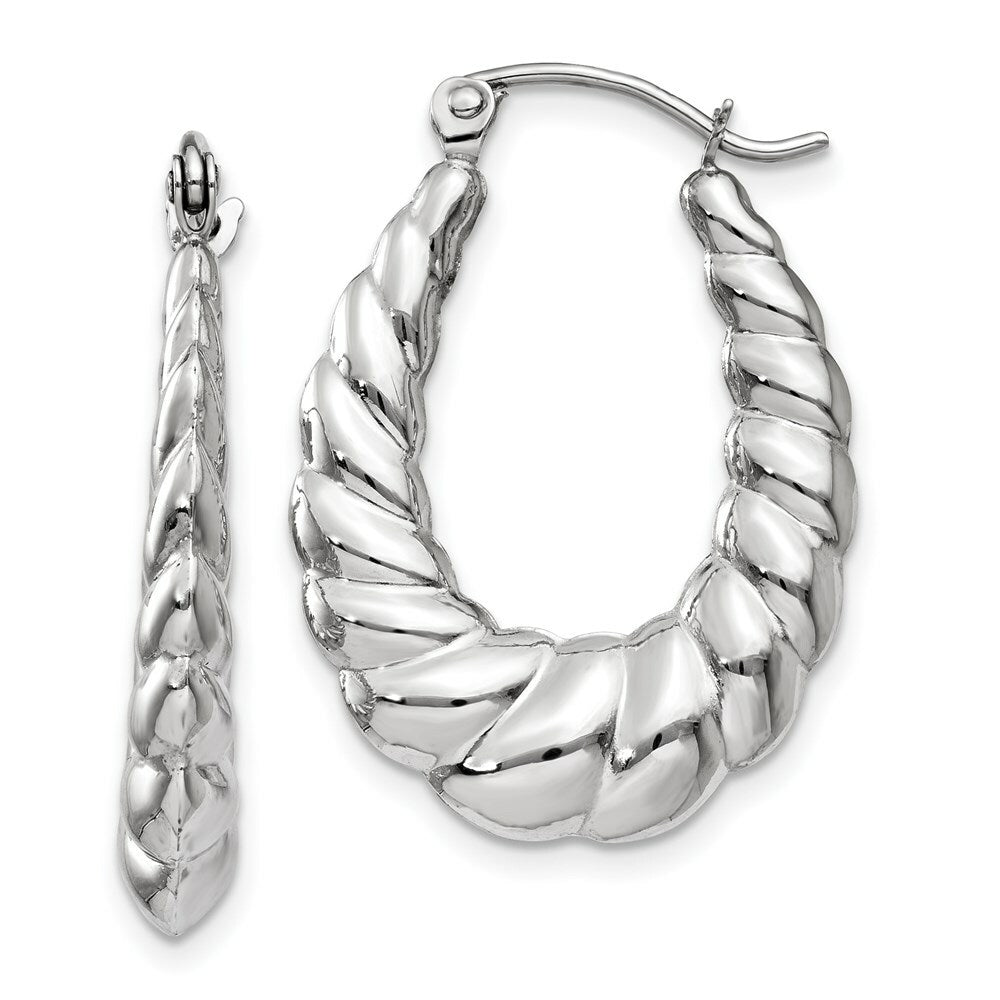 14K White Gold Polished and Textured Oval Hoop Earrings  2mm width