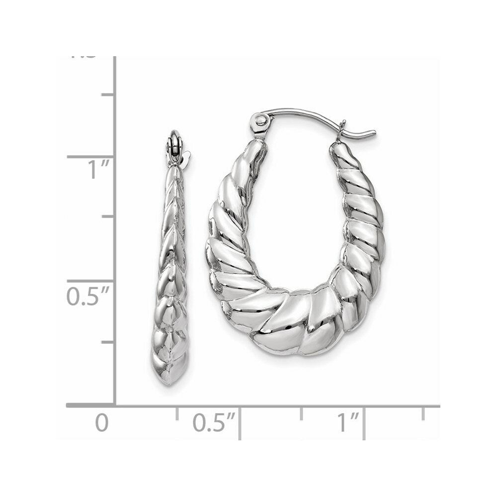 14K White Gold Polished and Textured Oval Hoop Earrings  2mm width