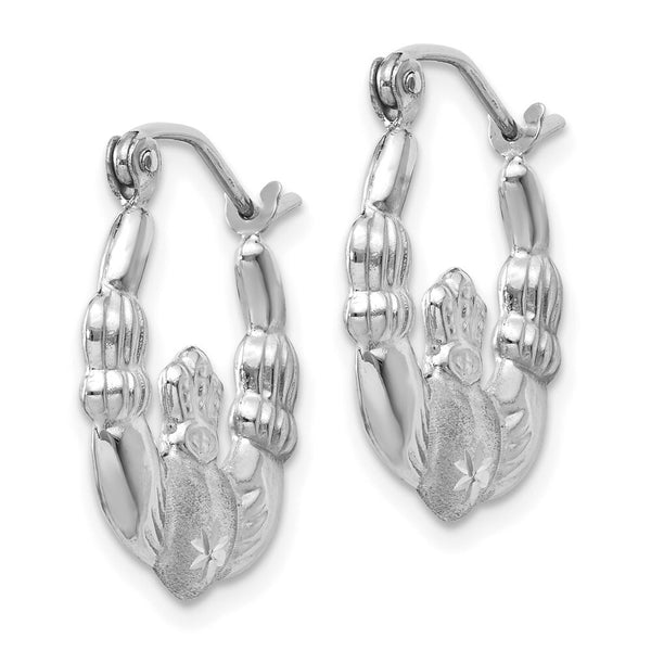 14K White Gold Satin and Diamond-cut Claddagh Hoop Earrings 2mm width