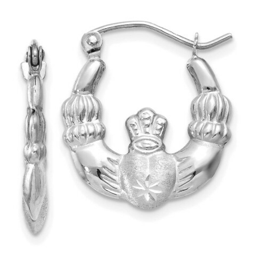 14K White Gold Satin and Diamond-cut Claddagh Hoop Earrings 2mm width