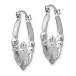 Load image into Gallery viewer, 14K White Gold Satin and Diamond-cut Claddagh Hoop Earrings 2mm width
