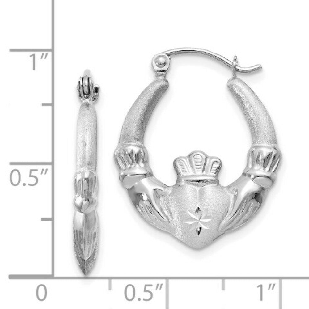 14K White Gold Satin and Diamond-cut Claddagh Hoop Earrings 2mm width