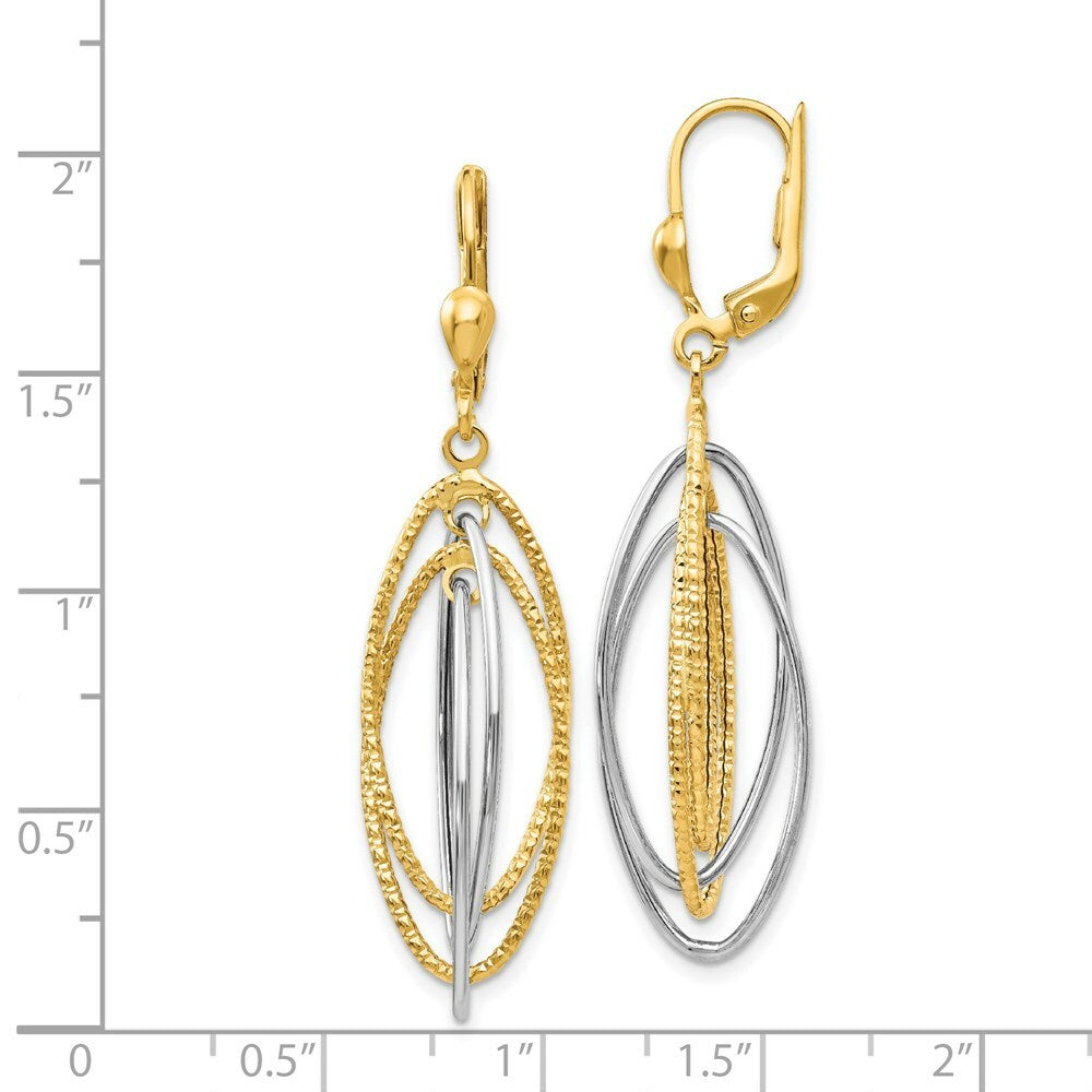 14K Two-tone Gold Textured and Polished Dangle Leverback Earrings