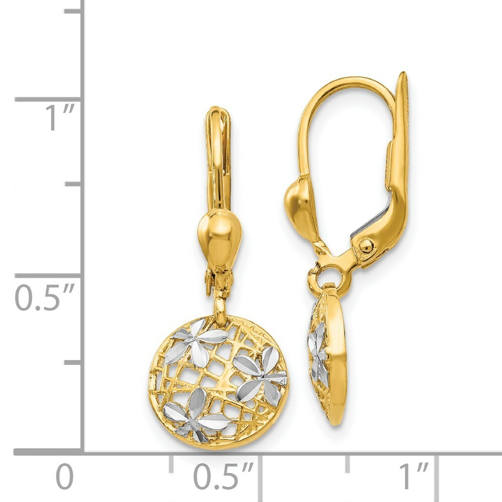 14K Yellow Gold and Rhodium Polished and Textured Dangle Leverback Earrings