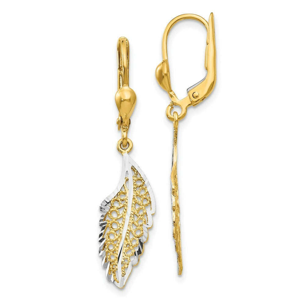 14K Yellow Gold and Rhodium Polished and Textured Leaf Leverback Earrings