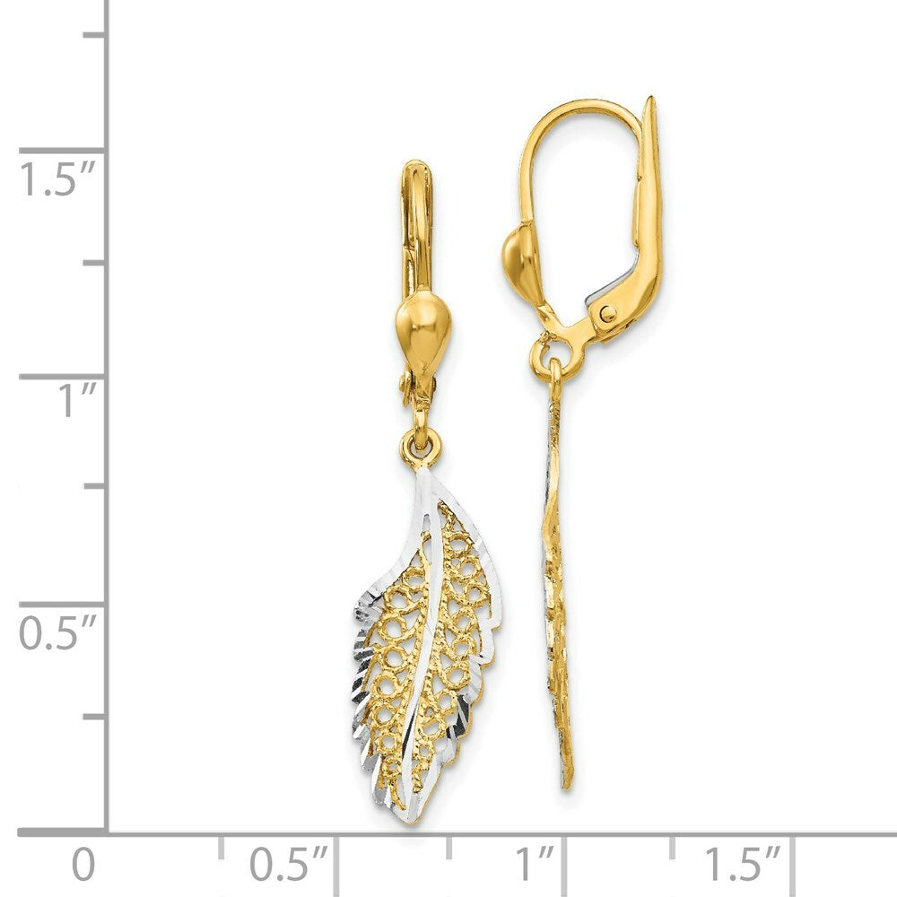 14K Yellow Gold and Rhodium Polished and Textured Leaf Leverback Earrings