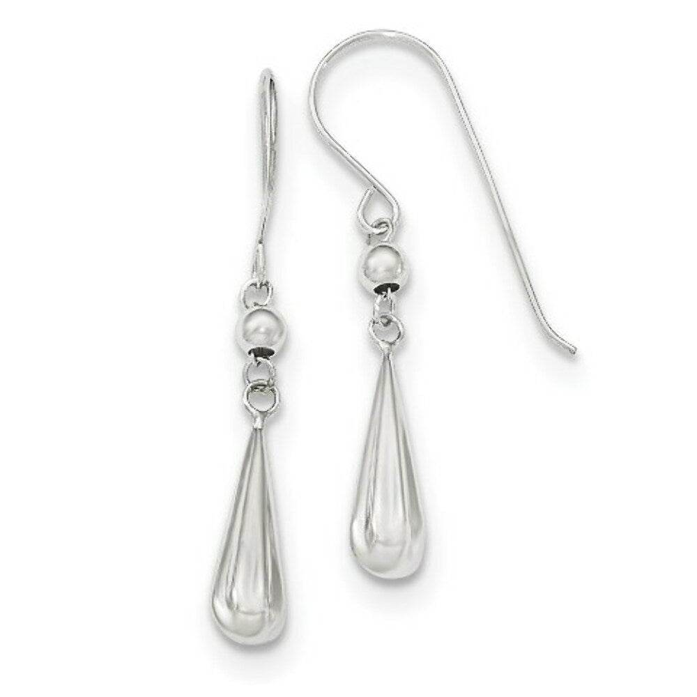 14K White Gold Grooved Puffed Teardrop Shepherd Hook Earrings