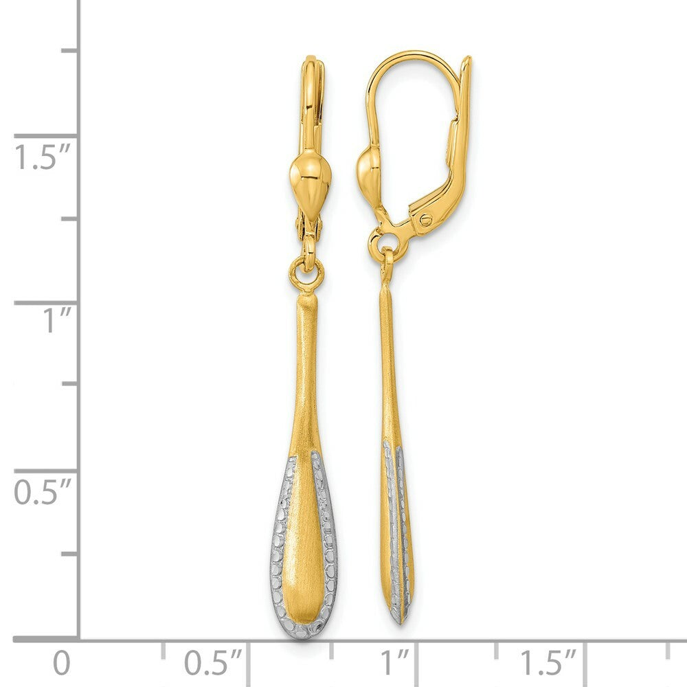 14K Yellow Gold Rhodium-plated Diamond-cut Satin Drop Leverback Earrings