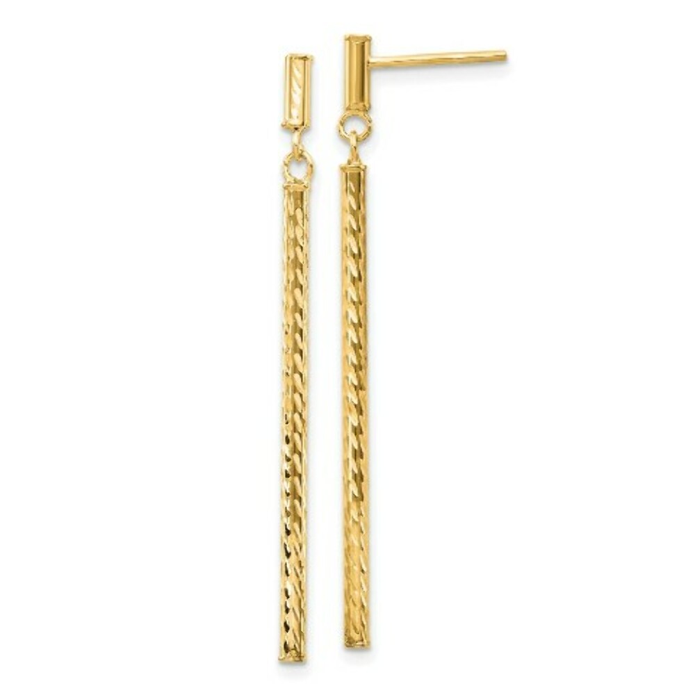 14K Yellow Gold Polished and Diamond-cut Bar Dangle Post Earrings