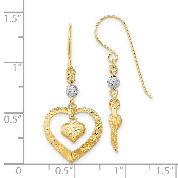 14k Two-tone Gold Satin Diamond-cut Heart Dangle Shepherd Hook Earrings