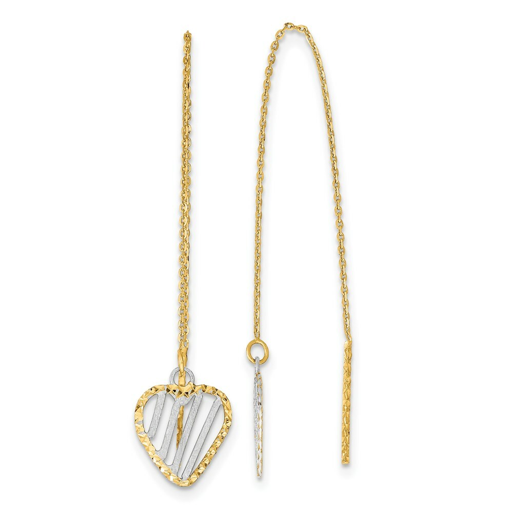 14k Two-tone Gold Polished Satin and Diamond-cut Heart Threader Earrings