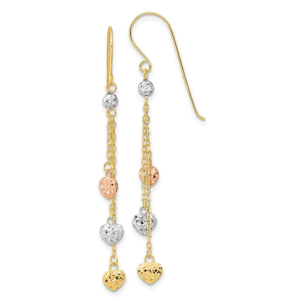 14k Tri-color Gold Diamond-cut Triple Heart Dangle Shepherd Hook Earrings