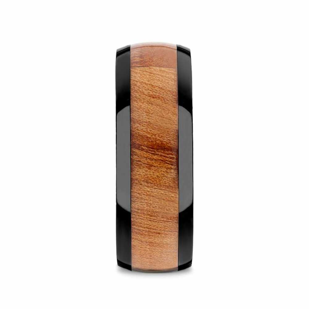 Mens Womens ODYSSEY Black Ceramic Wedding Band With Domed Polished Finish And Carpathian Elm Wood Inlay - 8mm